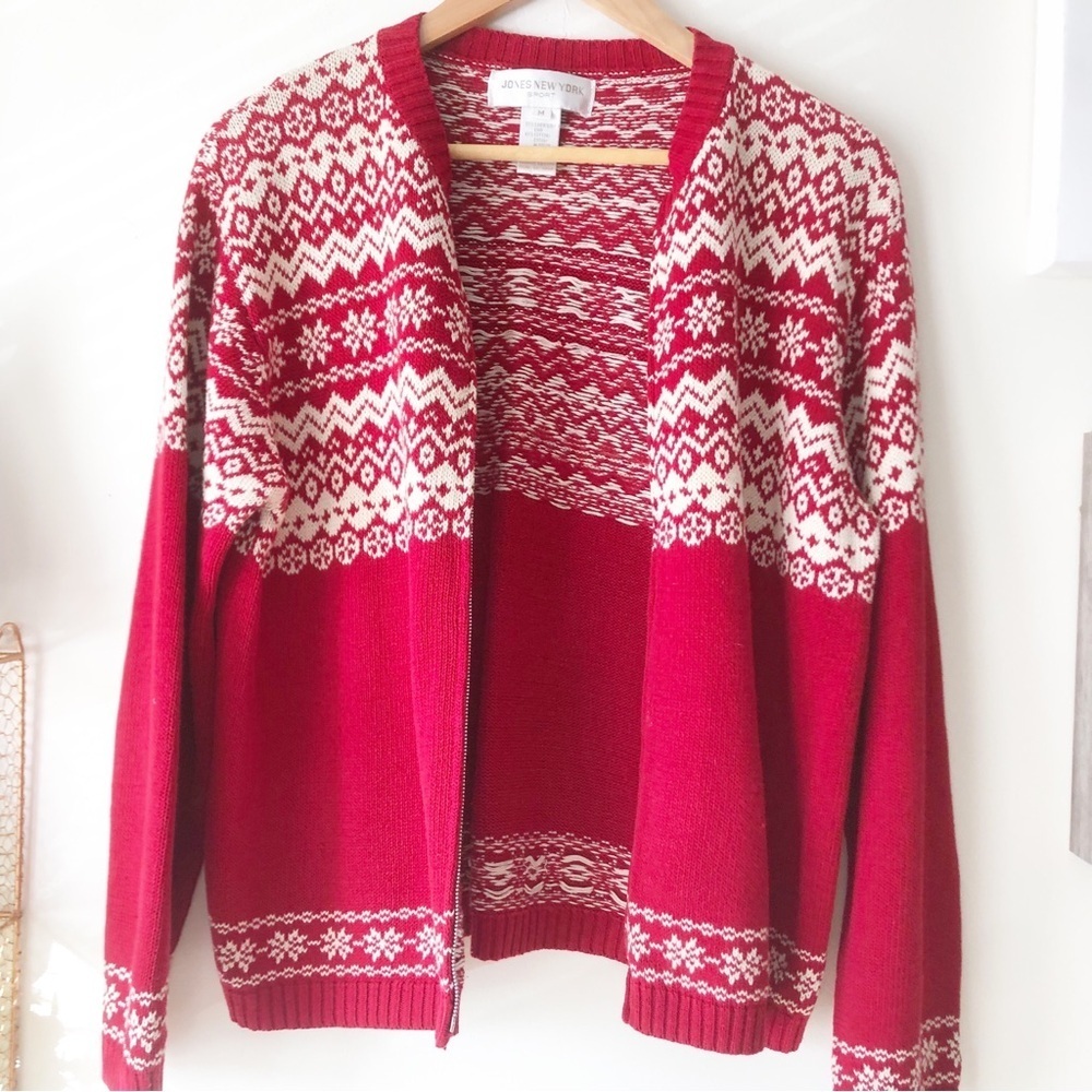 Jones New York Fair Isle Full Zip Knit Sweater Red Ivory Size Medium - Picture 5 of 14